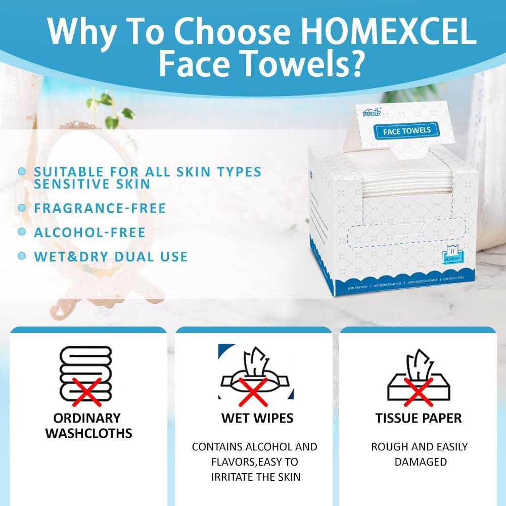 Disposable Face Towelettes - 100 Biodegradable Makeup Remover Wipes | Super Soft Facial Towels for Sensitive Skin