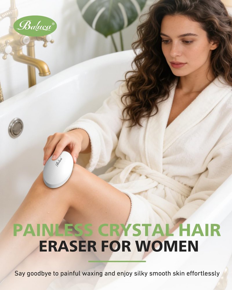 BALUCA Crystal Hair Eraser for Women and Men, Painless Glass Crystal Hair Removal Tool for Legs, Arms, Back, Reusable Exfoliating Hair Remover with Gentle Skin Smoothing, White