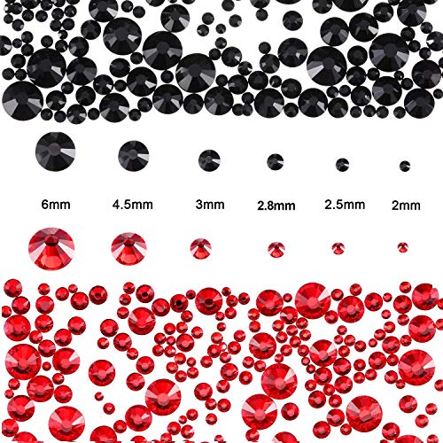 PHOGARY 3000-Piece Red & Black Flat Back Rhinestones Set 2-5mm with Pick-Up Tweezers