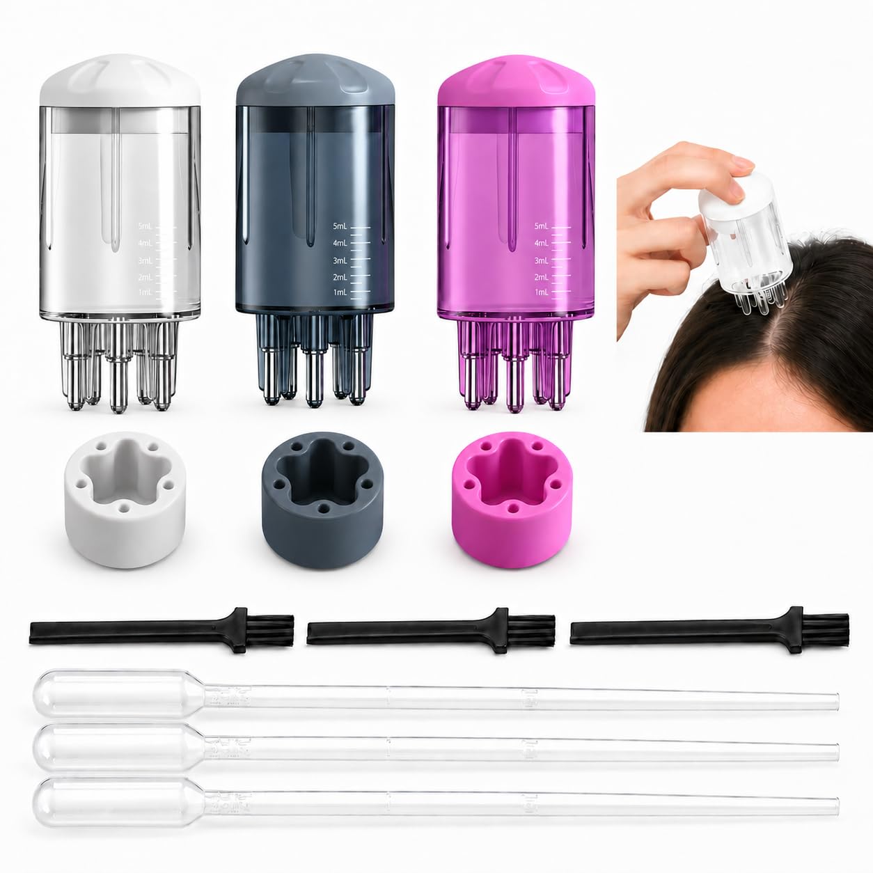 Minoxidil Applicator Set - 3 Pack Scalp Oil & Hair Oil Bottles | Mess-Free 5 Spouts for Easy Application