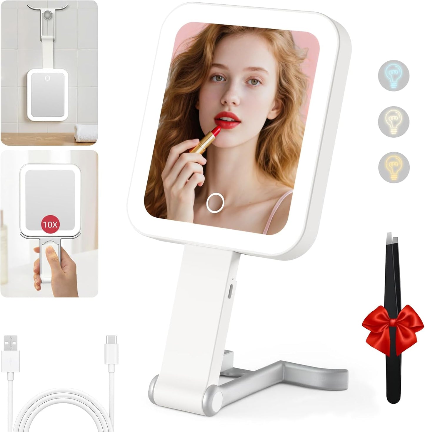 Rechargeable Travel Mirror with Lights - 10X/1X Double-Sided, 3 Color Lighting | Smart Touch Dimming, Precision Tweezers (10.3"x5.2")