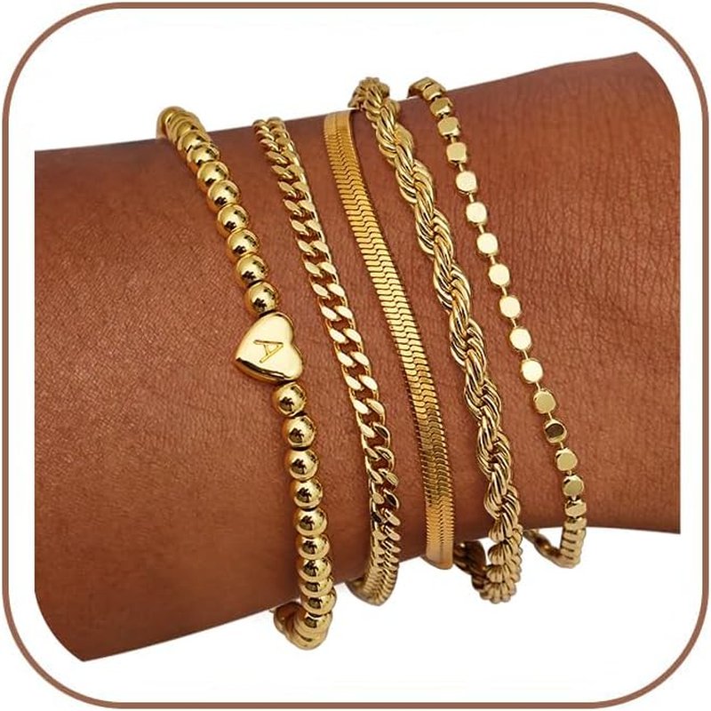 Gold Bracelets for Women - 14K Gold Plated Stackable Waterproof Set | Dainty Adjustable Heart Initial Charm Jewelry
