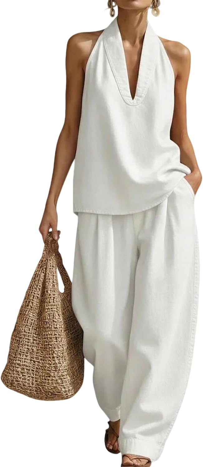 Women's Denim Outfit - Minimalist Halter Neck Top & High-Waisted Wide Leg Pants | Casual Travel Set