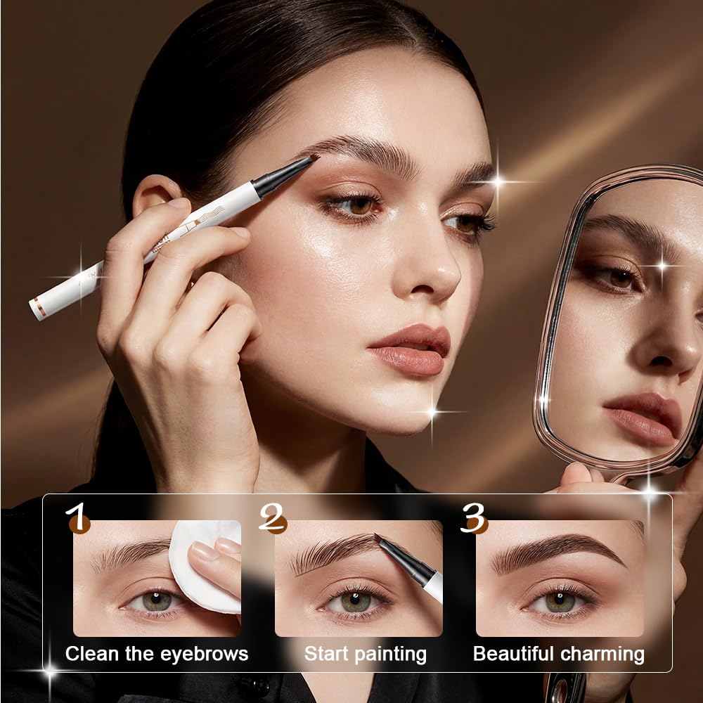 Magic Eyebrow Pencil - 3D Waterproof Microblading Pen with 4-Tip Spoolie Brush | Dark Brown, Precise Contouring for Natural Brows