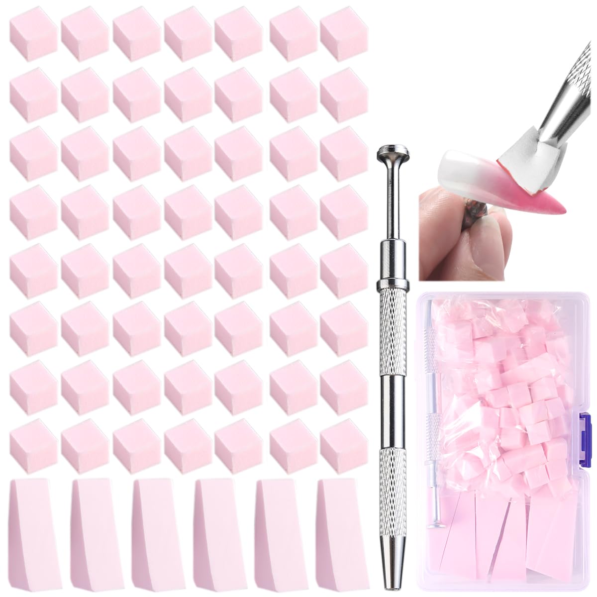 Soft Nail Sponges for Ombre & Gradient Effects - 100 Pcs White Nail Art Sponges with 6 Wedge Sponges & Grabbing Pen