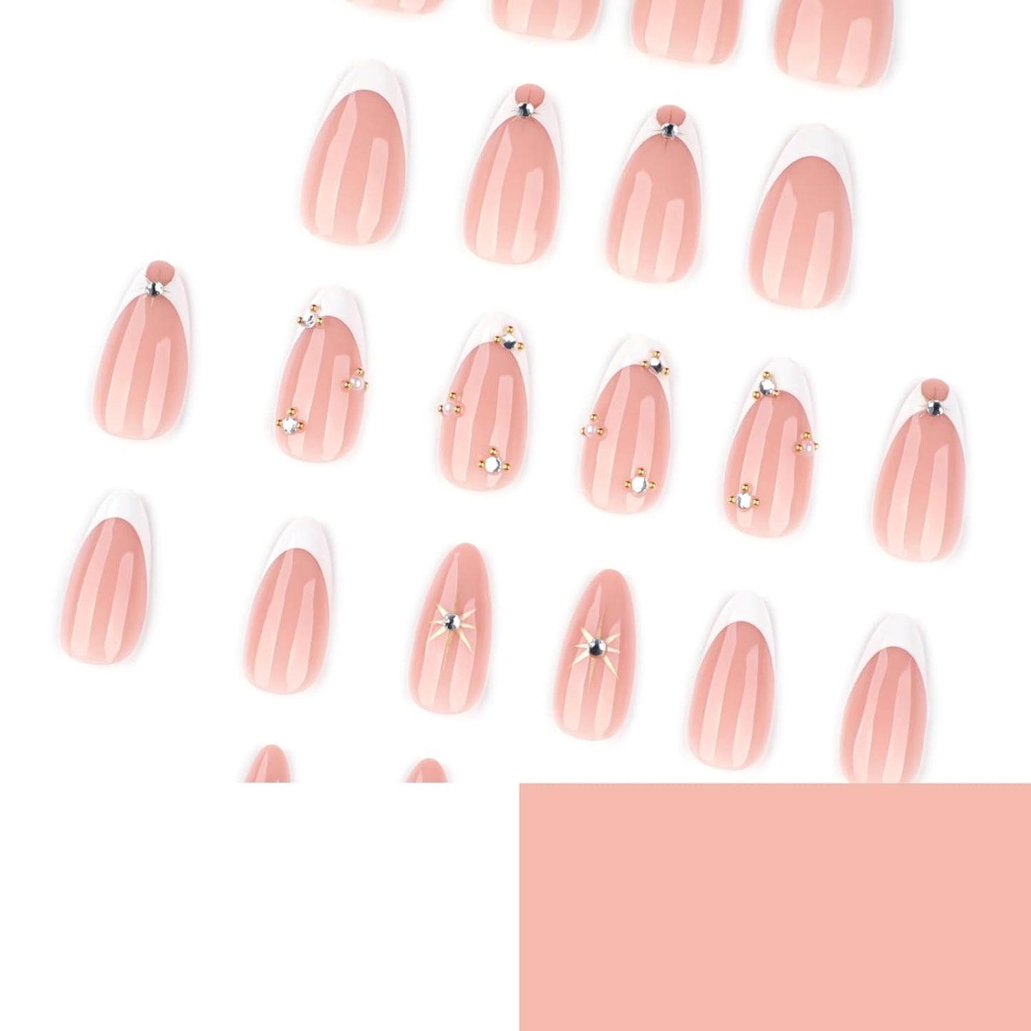 Press On Nails - French Tip Design with Rhinestones | Medium Almond Glossy Full Cover - 24 Pcs