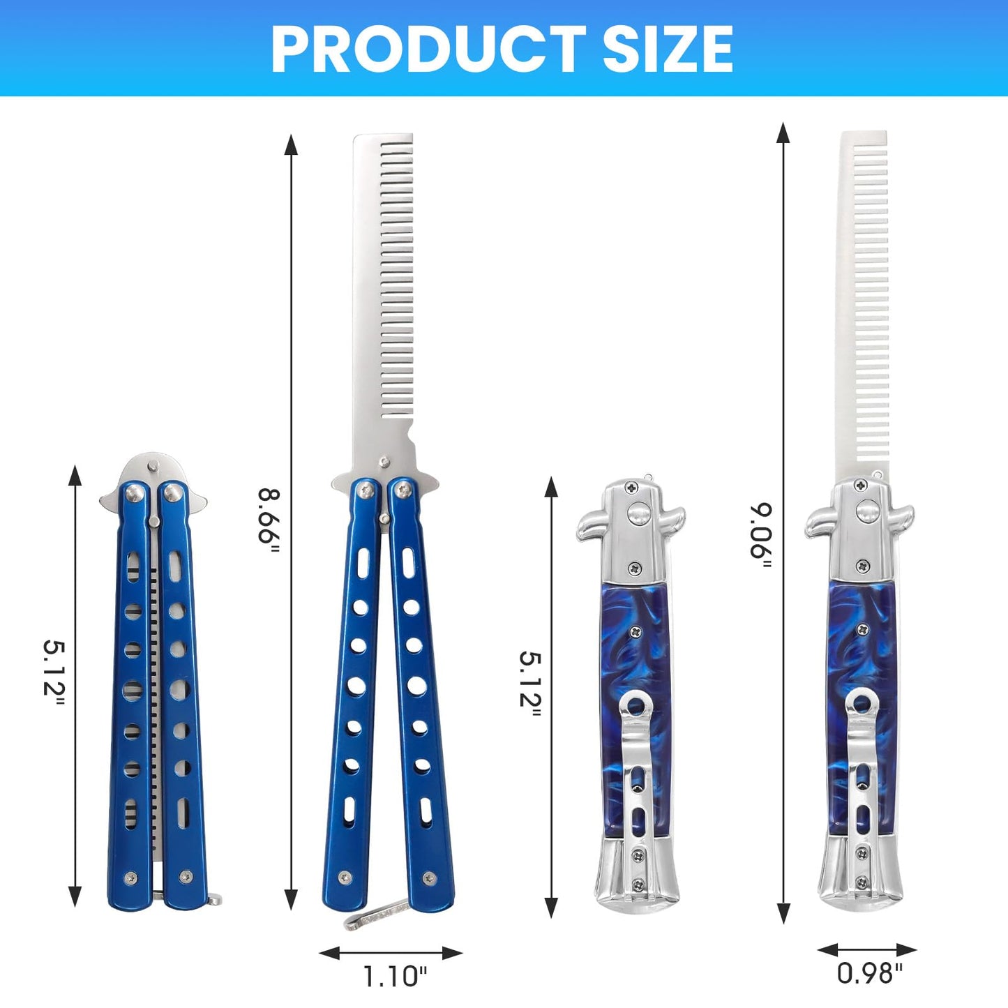 2PCS Switchblade Hair Comb - Automatic Switch Folding Pocket Combs, Stainless Steel Butterfly Comb, Hair Brush for Beard, Mustache, Switch Blade Hair Comb for Men, Beauty Tool