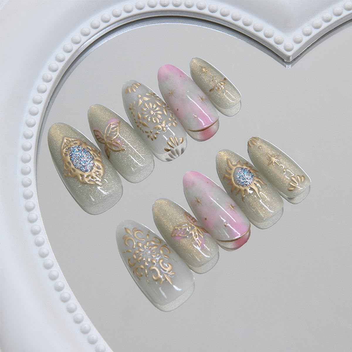 Almond Press-On Nails - 30 Pcs Medium 3D Gold Star Design | Glossy Full Cover Butterfly Acrylics