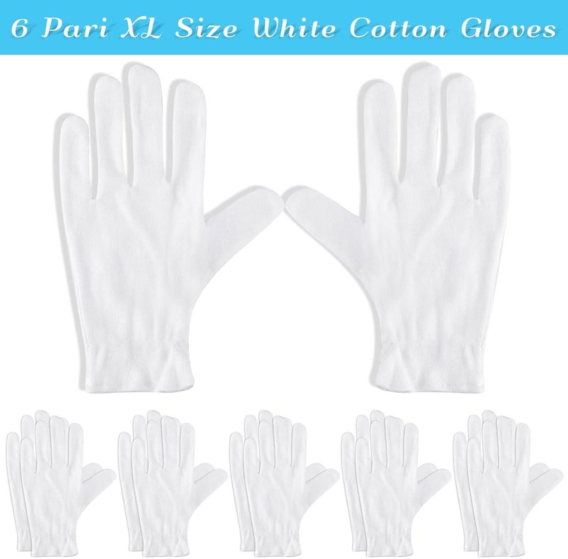XL White Cotton Gloves for Dry Hand Moisturizing | 6 Pairs for Eczema Care & Jewelry Inspection