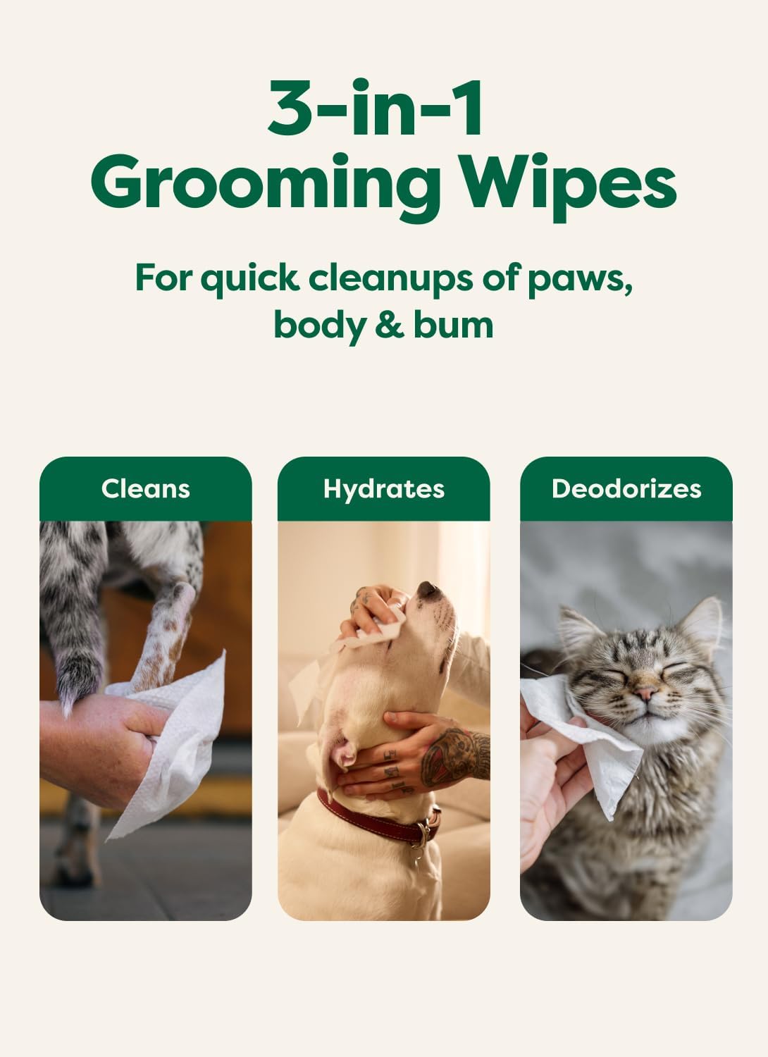 Earth Rated Pet Wipes - Hypoallergenic 3-in-1 Cleaning Wipes for Dogs & Cats | 100 Count, Unscented