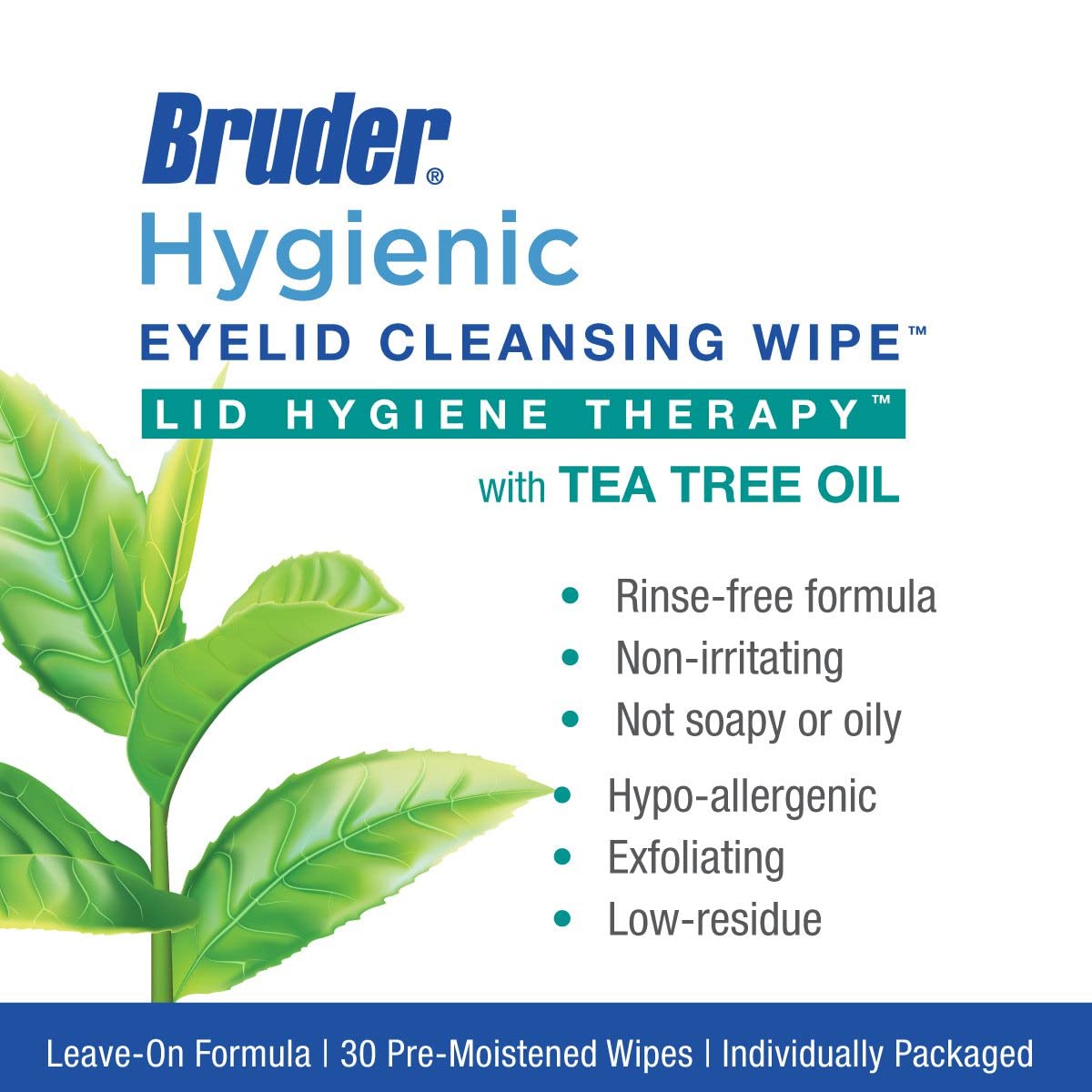 Hygienic Eyelid Cleansing Wipes - Tea Tree Oil Exfoliating Wipes | Rinse-Free, 30 Count Box