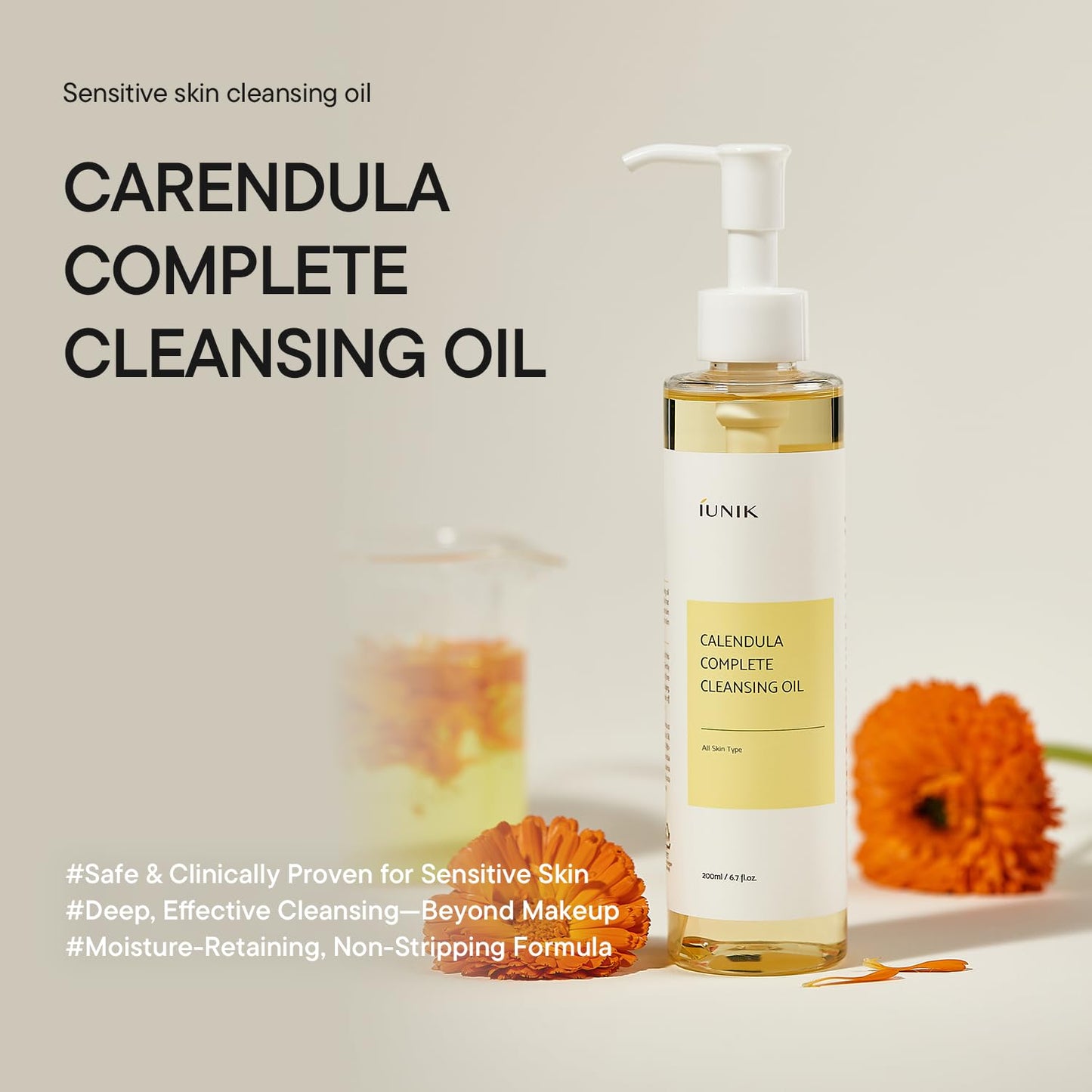 IUNIK Calendula Complete Cleansing Oil | Vegan Jojoba Oil Cleanser for Blackhead Care & Makeup Removal - 200ml / 6.7 fl oz