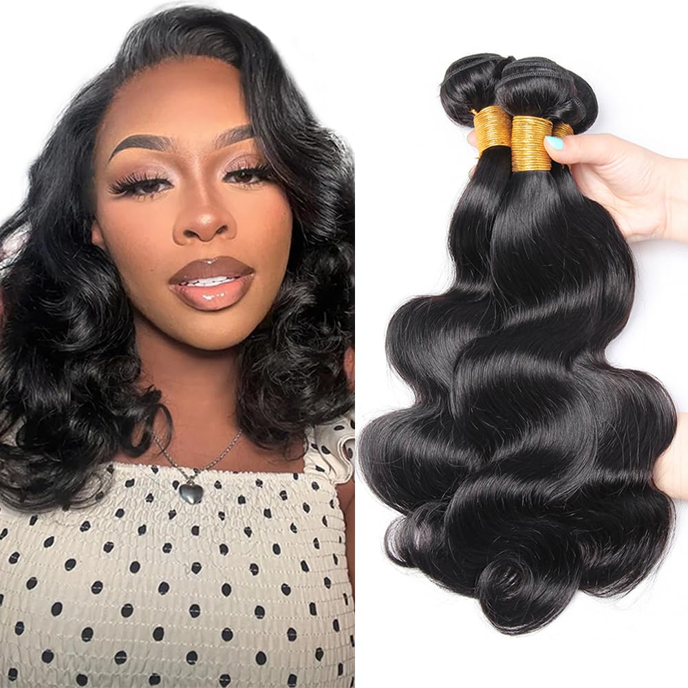 WuvuSnm Body Wave Bundles Human Hair 1B Body Wave Bundle Brazilian Remy Human Hair 3 Bundles Natural Black 14 16 18 inch