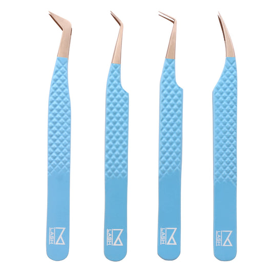 M LASH Eyelash Extension Tweezers (Set of 4) - Professional & Precision Lash Tweezers for Eyelash Extensions - Japanese Steel, Diamond Grip, Fiber Tip V5 (Teal)