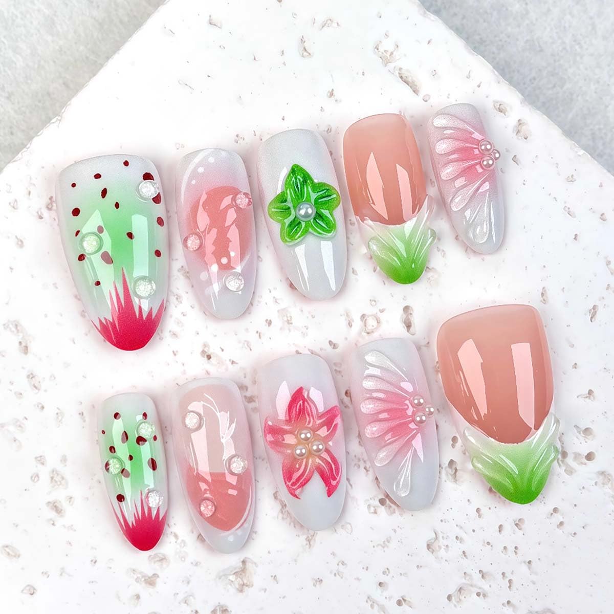 Flower Press-On Nails - Medium Almond Shape with 3D Floral Design | Glossy Acrylic Full Cover for Spring & Summer