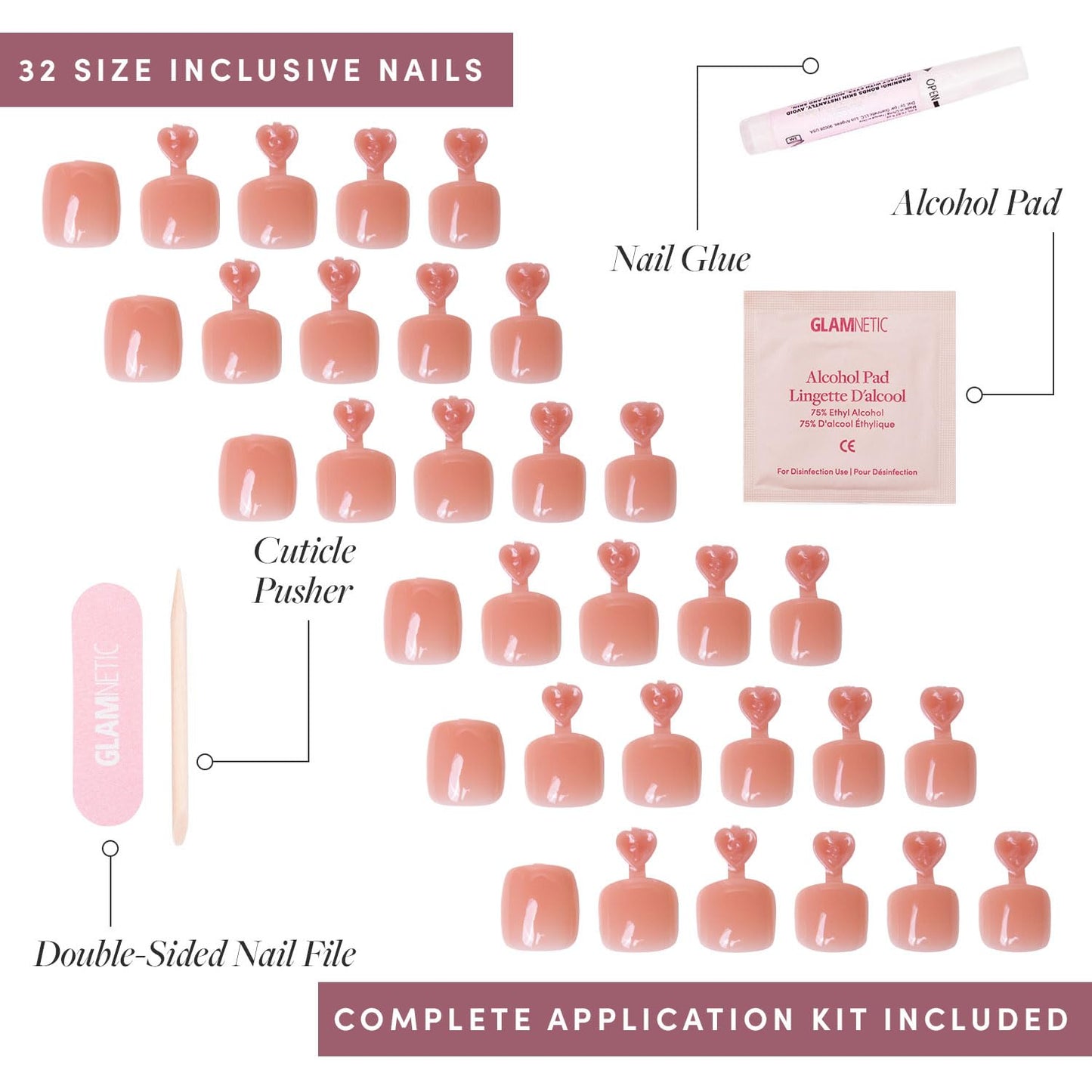 Press On Toenails - Sheer Peach Semi-Transparent Fake Toe Nails | Glossy Finish, 16 Sizes - 32 Piece Kit with Glue