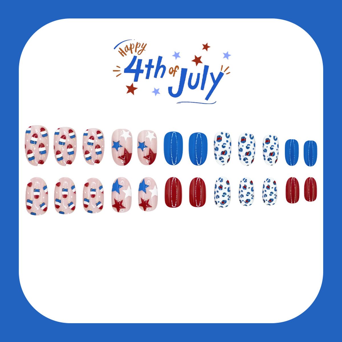 4th of July Press on Nails Medium Oval Fake Nails Red Blue Glue on Nail with Designs Star | Leopard,Independence Day False Nail 4th of July Nails for Women Manicure 24Pcs