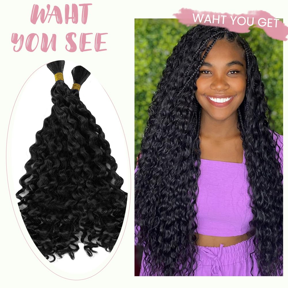 Human Braiding Hair for Boho Water Wave Bulk 100g 24 Inch Curly Knotless 10A Natural Color Extensions for Micro Braiding 2 Bundles