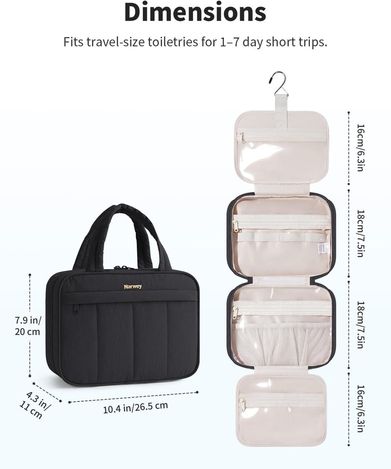 Hanging Travel Toiletry Bag for Women - Quilted Makeup Organizer | Portable Black Bathroom Bag for Essentials & Cosmetics