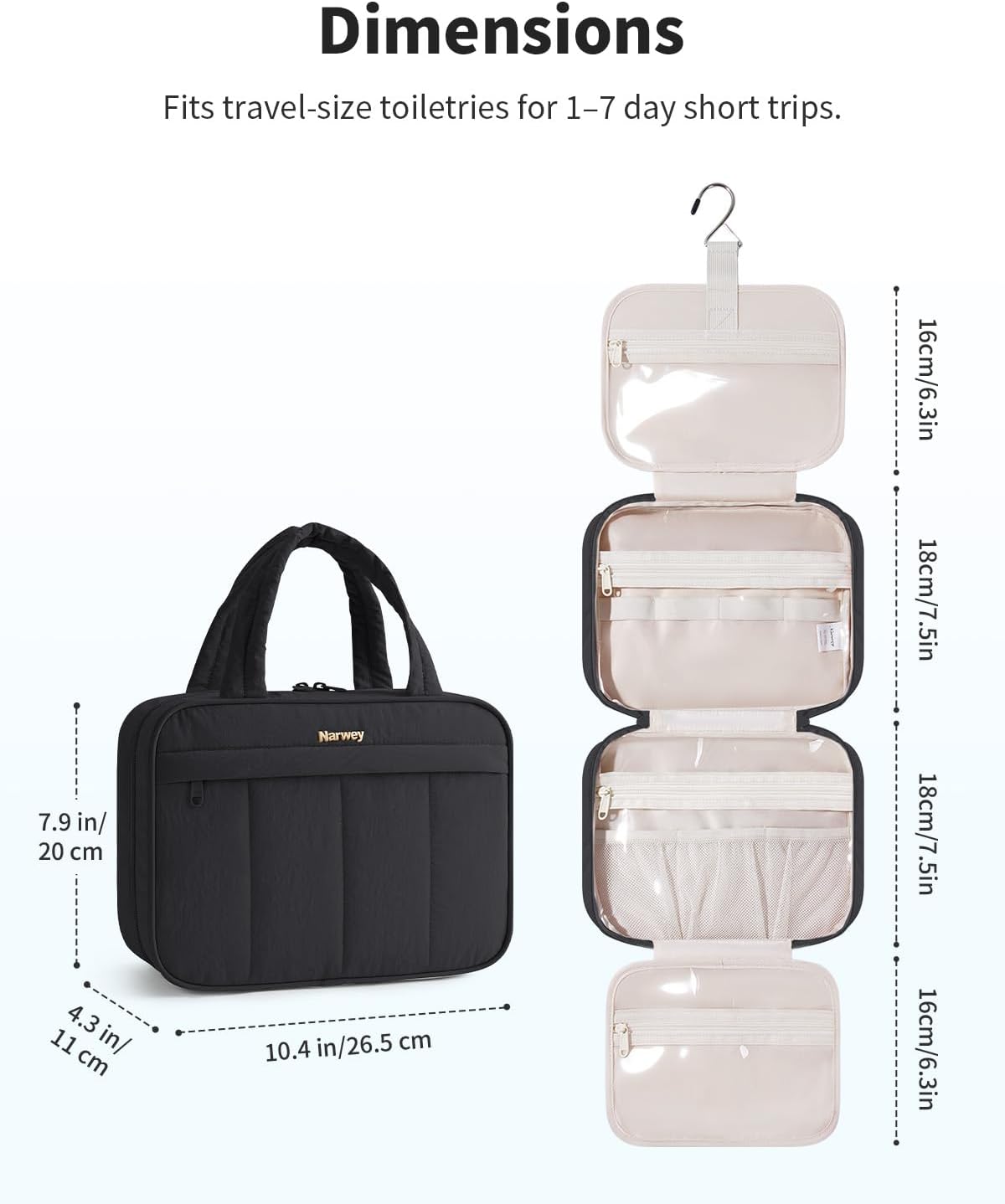 Hanging Travel Toiletry Bag for Women - Quilted Makeup Organizer with Handle | Portable Black Bathroom Bag