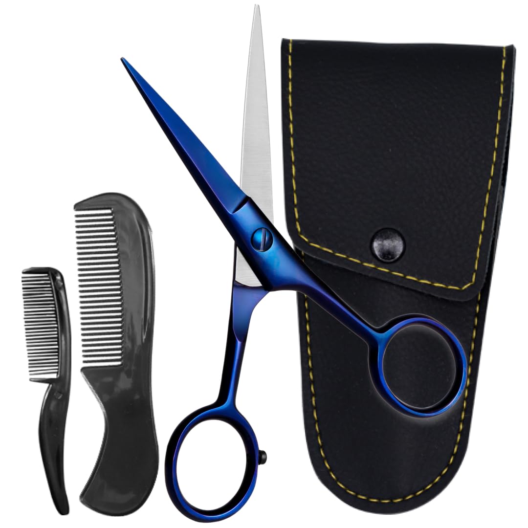 Ontaki Beard & Mustache Scissors for Men - 5inch, Midnight Blue - 410C German Steel Durable, Ergonomic Design Travel Friendly Beard Scissors for Men - Beard Kit 2 Combs & Case Perfect for Styling
