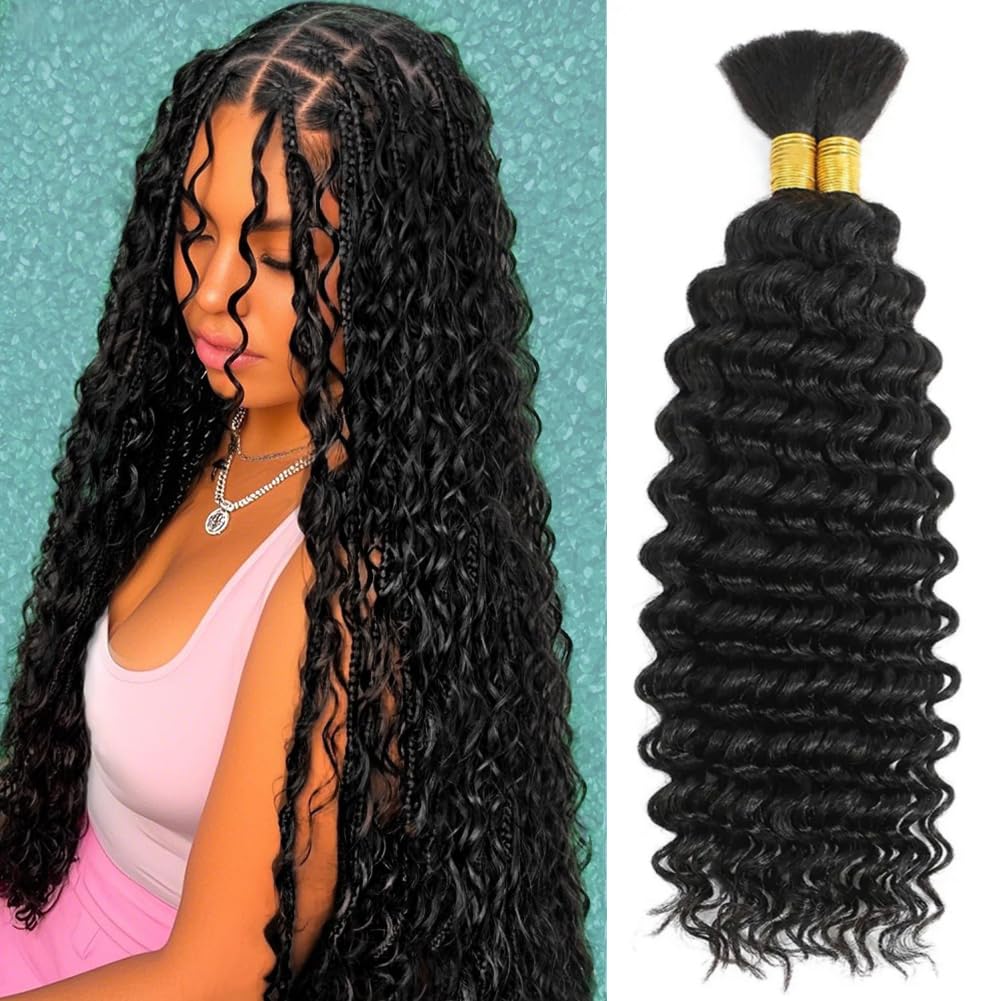 100 Percent Human Braiding Hair for Boho Braids 110g Curly Boho Hair for Braiding Deep Wave Bulk Bohemian 100% Human Hair for Micro Braiding Wet and Wavy No Weft 2 Bundles Natural Color 18 Inch