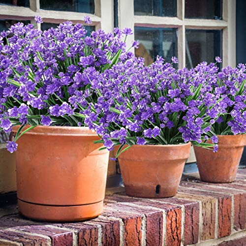 Artificial Lavender Flowers - UV Resistant Faux Plastic Shrubs, 6PCS