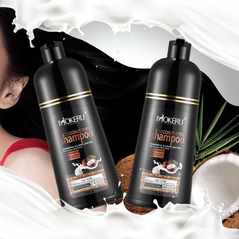 MOKERU Coconut Oil Black Hair Dye Shampoo for Gray Coverage - 3 in 1