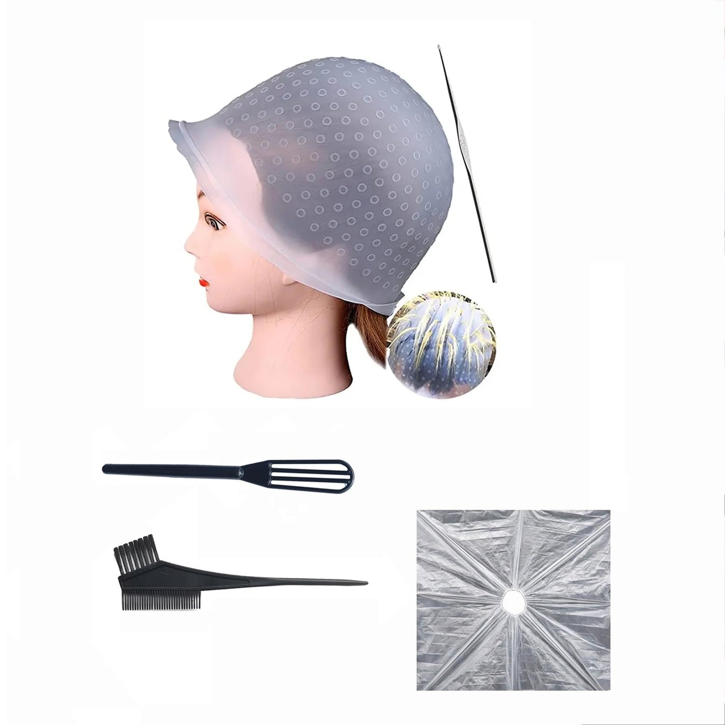 Silicone Highlight Caps for Color Hair 5 Pcs, Reusable Highlighting Caps with Hooks & Salon Hairdressing Dyeing Staining Tools Set for Women Men
