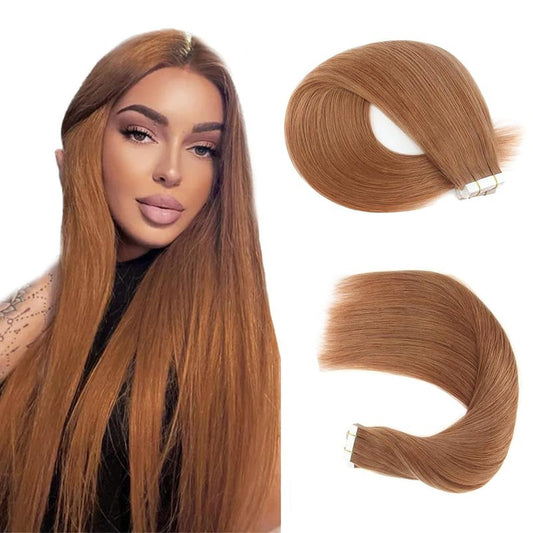 26 Inch Tape In Hair Extensions Color #30 Straight Hair Extensions HuxoWax Double Weft Invisible Light Brown VirgIn Soft And Silky Remy Hair