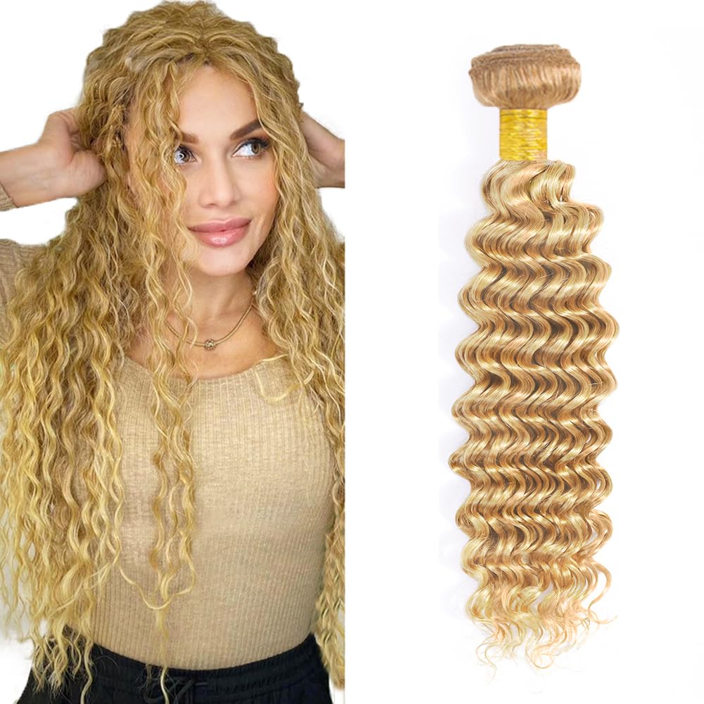 Blonde Bundle Highlight Deep Wave Bundles Human Hair 8A Peruvian Virgin Remy Hair 1 Bundle 20 Inch P27/613 Deep Wave Human Hair Bundle