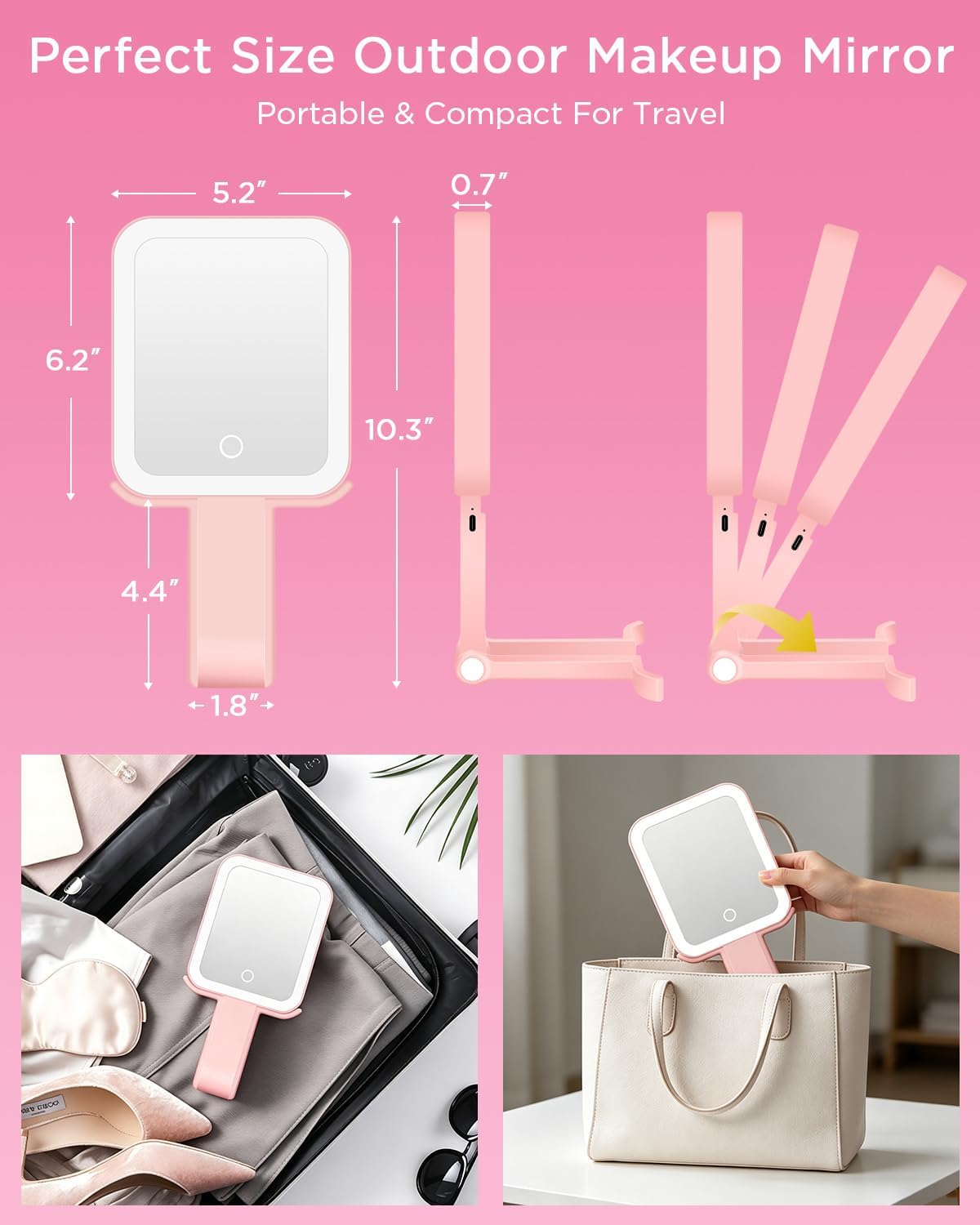 Magnifying Makeup Mirror with LED Light - Double-Sided 10X/1X | Dimmable Touch Screen & Storage Bag - Pink (10.3 x 5.2 IN)