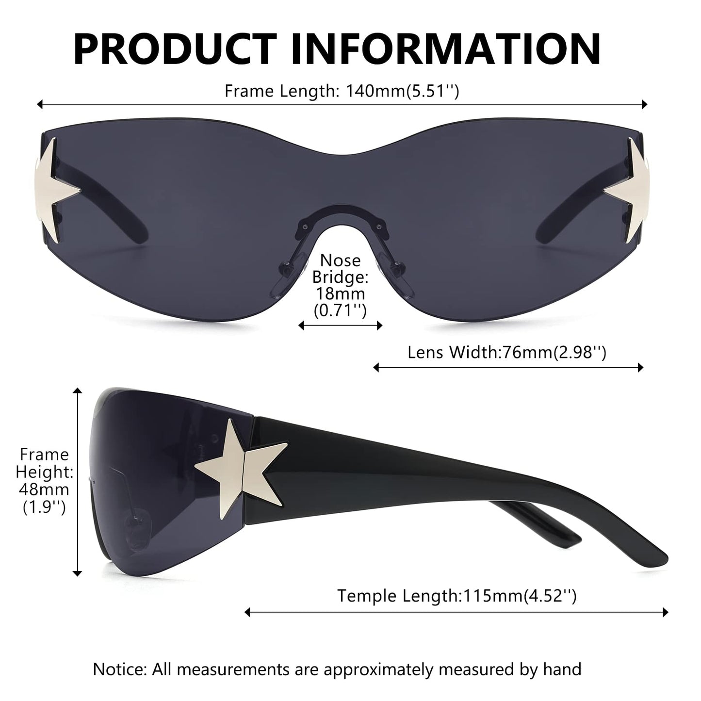 LIKSMU Rimless Y2K Sunglasses for Women Men Wrap Around Fashion Sunglasses Oversized Frameless 2000s Trendy Sun Glasses Black Lens and Black Frame