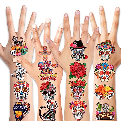 96pcs Day of the Dead Skeleton Face Tattoos - Colorful Sugar Skull Stickers for Halloween & Mexican Fiesta
