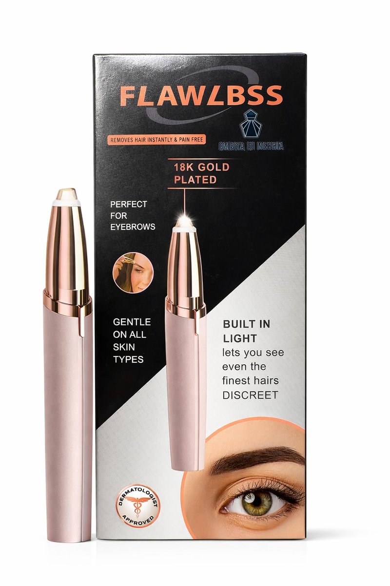 OMBRA DI NEBBIA Eyebrow Trimmer & Facial Hair Remover for Women, 18K Gold Plated Precision Electric Face Razor with Built-in LED Light, Painless Hair Removal for Eyebrows, Upper Lip, Chin & Peach Fuzz