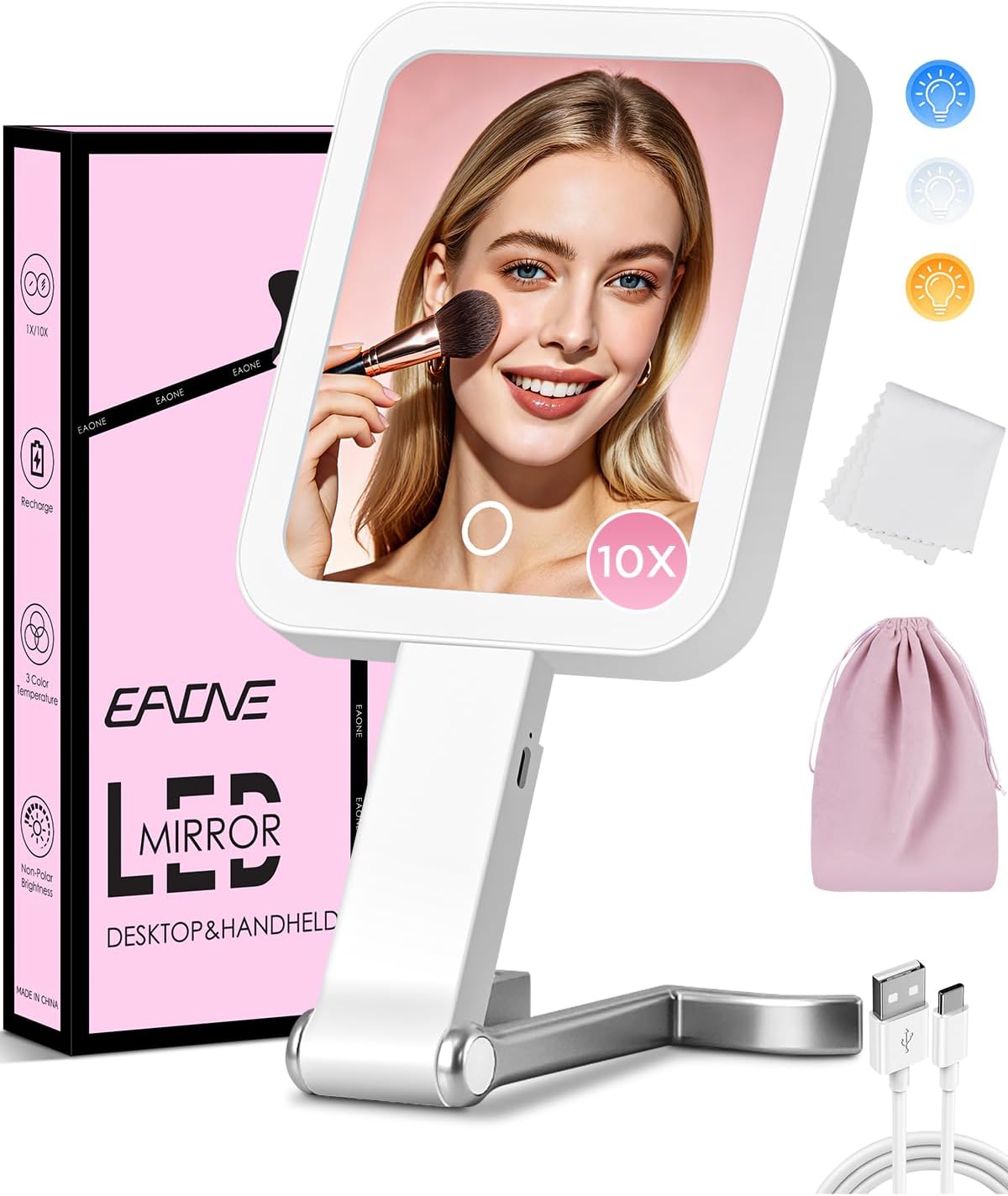Magnifying Makeup Mirror with LED Light - Double-Sided 10X/1X | Dimmable Touch Screen & Storage Bag - Pink (10.3 x 5.2 IN)