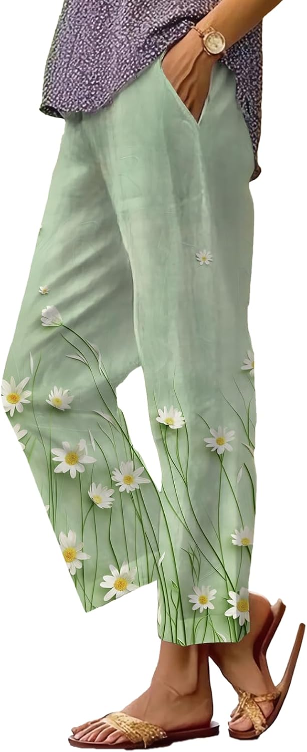 Women's Boho Floral Wide Leg Capris - Elastic Waist, Loose Fit Beach Pants | Casual Summer Trousers
