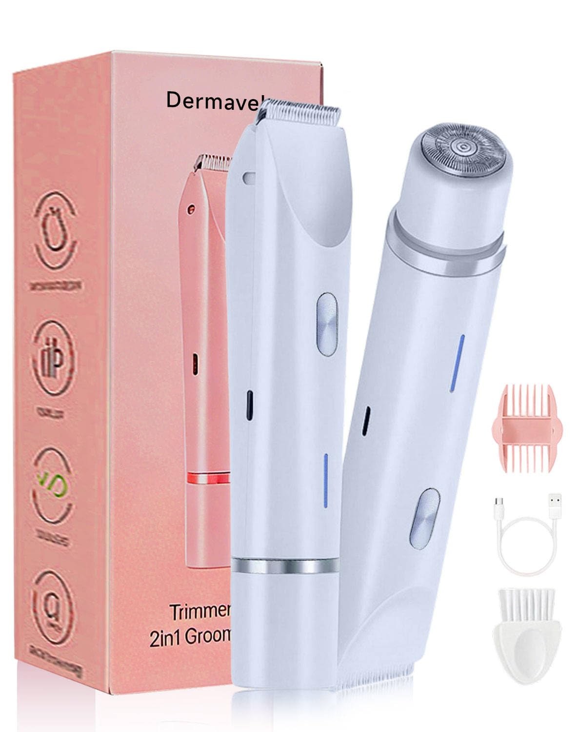 Dermavel Trimmer 2.0 Women, Ergonomic 2-in-1 Body & Facial Hair Trimmer, Luxury Skin Gentle Electric Razor, Waterproof Rechargeable Grooming Shaver for Smooth, Effortless Results, Skin Care (Blue)