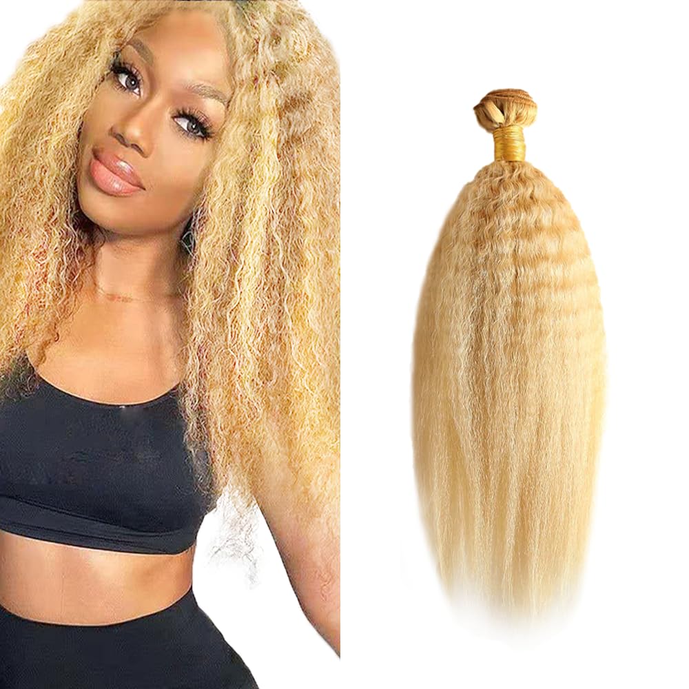 P27/613 Highlight Blonde Bundles Human Hair Honey Blonde Yaki Straight Bundles 16 Inch Unprocessed Brazilian Virgin Hair 1 Bundle 50 Gram Per Bundle Deals Quick Weave Hair Extensions