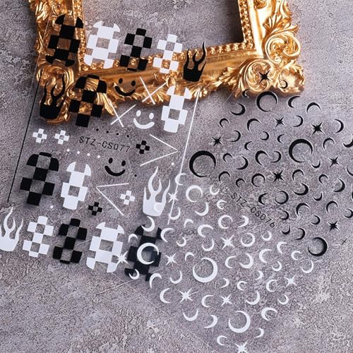 Gothic Flame Star Checkerboard Nail Stickers - 3 Sheets