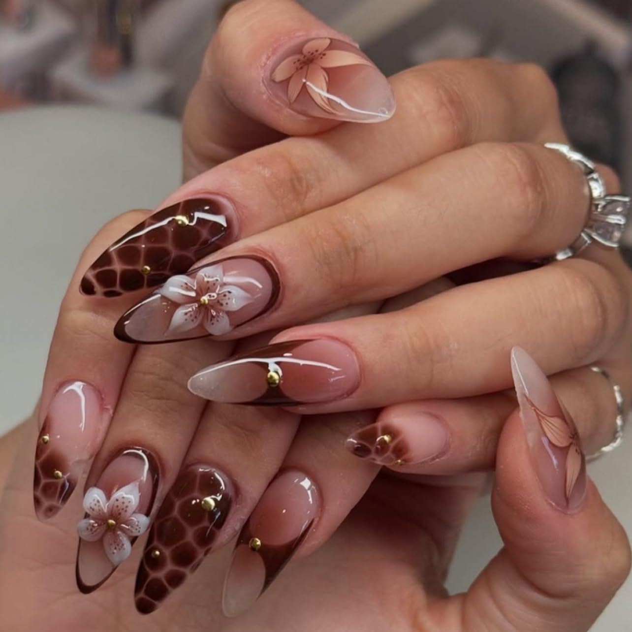 Almond Press-On Nails - Ombre Purple Floral Butterfly Design | 24 Full Cover Rhinestone False Nails for Women