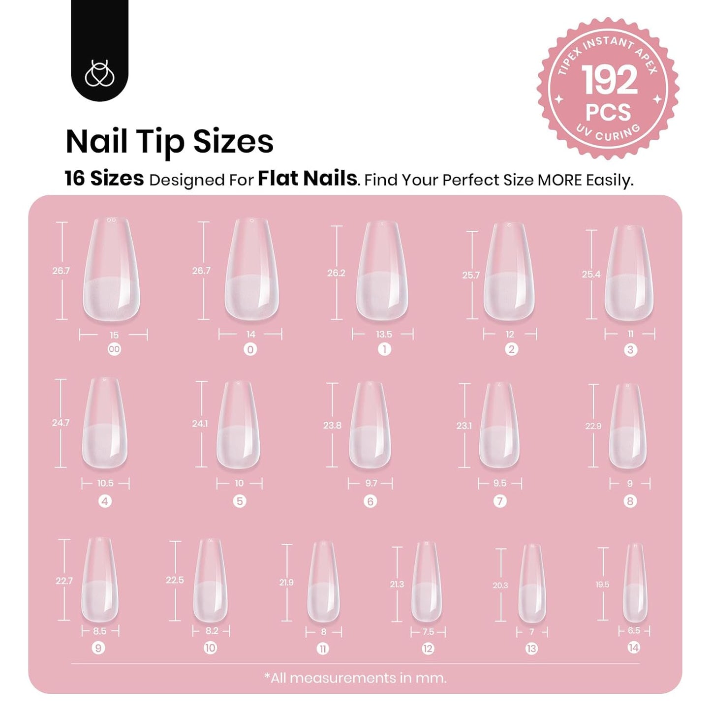 Beetles Apex Nail Tips - Medium Coffin, 192pcs, 16 Sizes 00–14 | Thicker Strong Acrylic for DIY Extensions