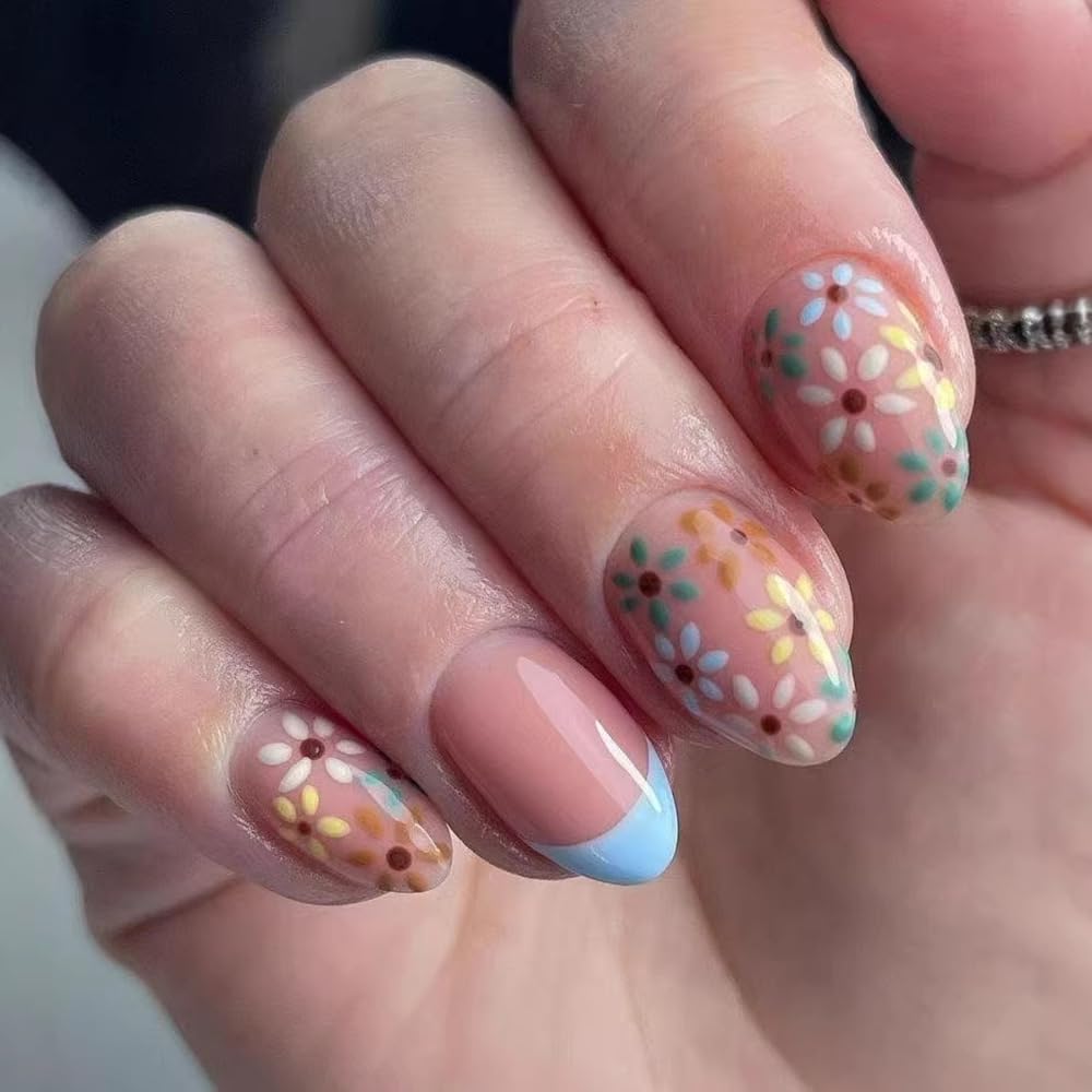 Colorful Gradient Press-On Nails | Medium Coffin Shaped Acrylic Nail Art - 24 Pcs with Rainbow Designs