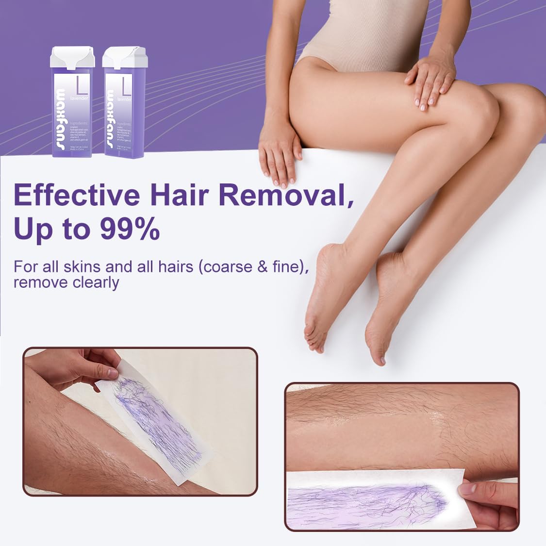 Waxfans Roll On Wax Refill,Wax Roller Refill for Hair Removal.100% Natural Wax Cartridge Refill,Quick Melting - For Coarse and Fine Hairs.with 3.53 Ounce(Pack of 4) Lavender Wax Rollers, 50 Wax Strips