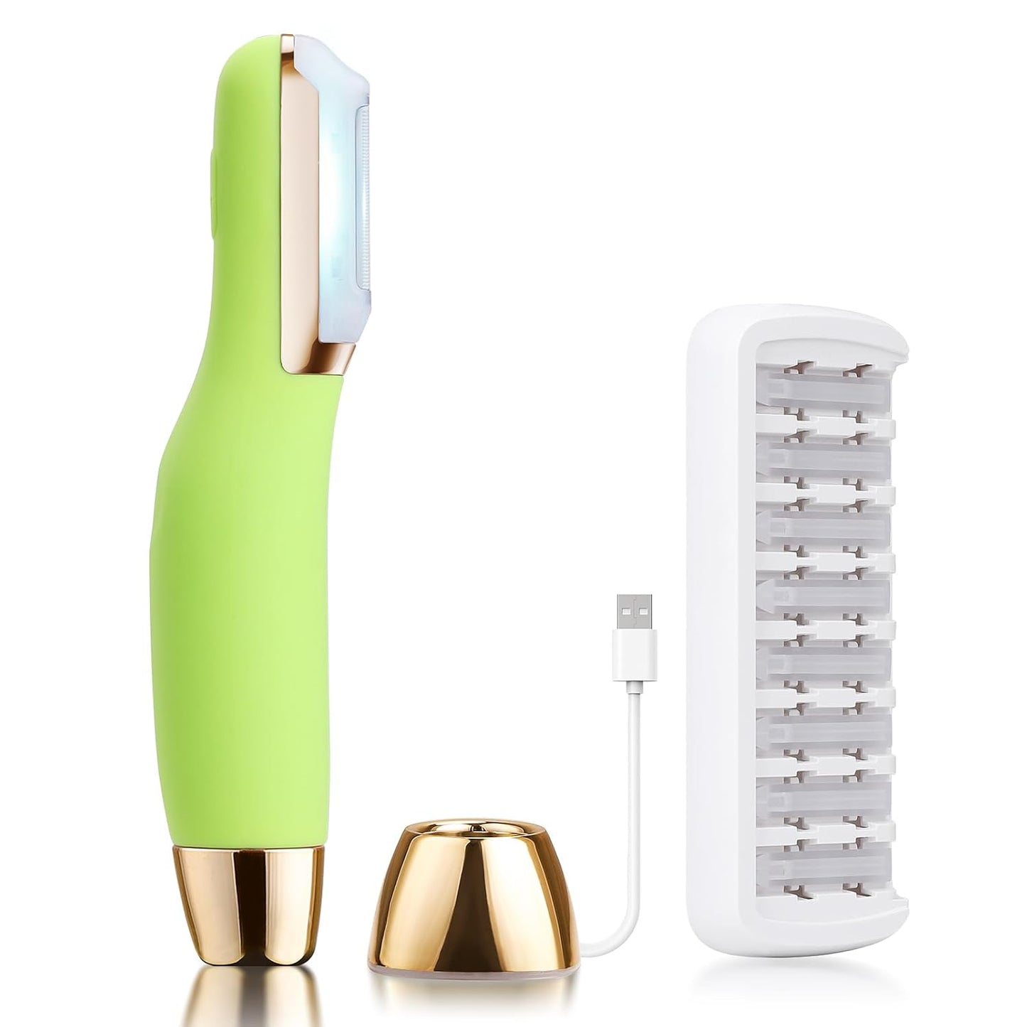Sonic Dermaplaning Tool - Electric Facial Hair Remover & Exfoliating Razor | 8 Replacement Blades, Green