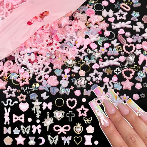 Pink 3D Resin Nail Charms & Gems Kit - Cute Flower, Butterfly, Bow, Heart Accents