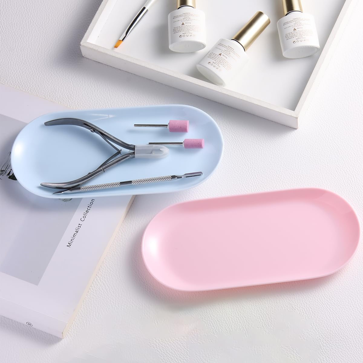 3Pcs Manicure Tools Storage Tray, Oval Plastic Storage Dish Nail Art Accessory Display Trays, Jewelry Rhinestone Organizer Plate, Makeup Cosmetic Nail Decorations Storages Plate（Pink）