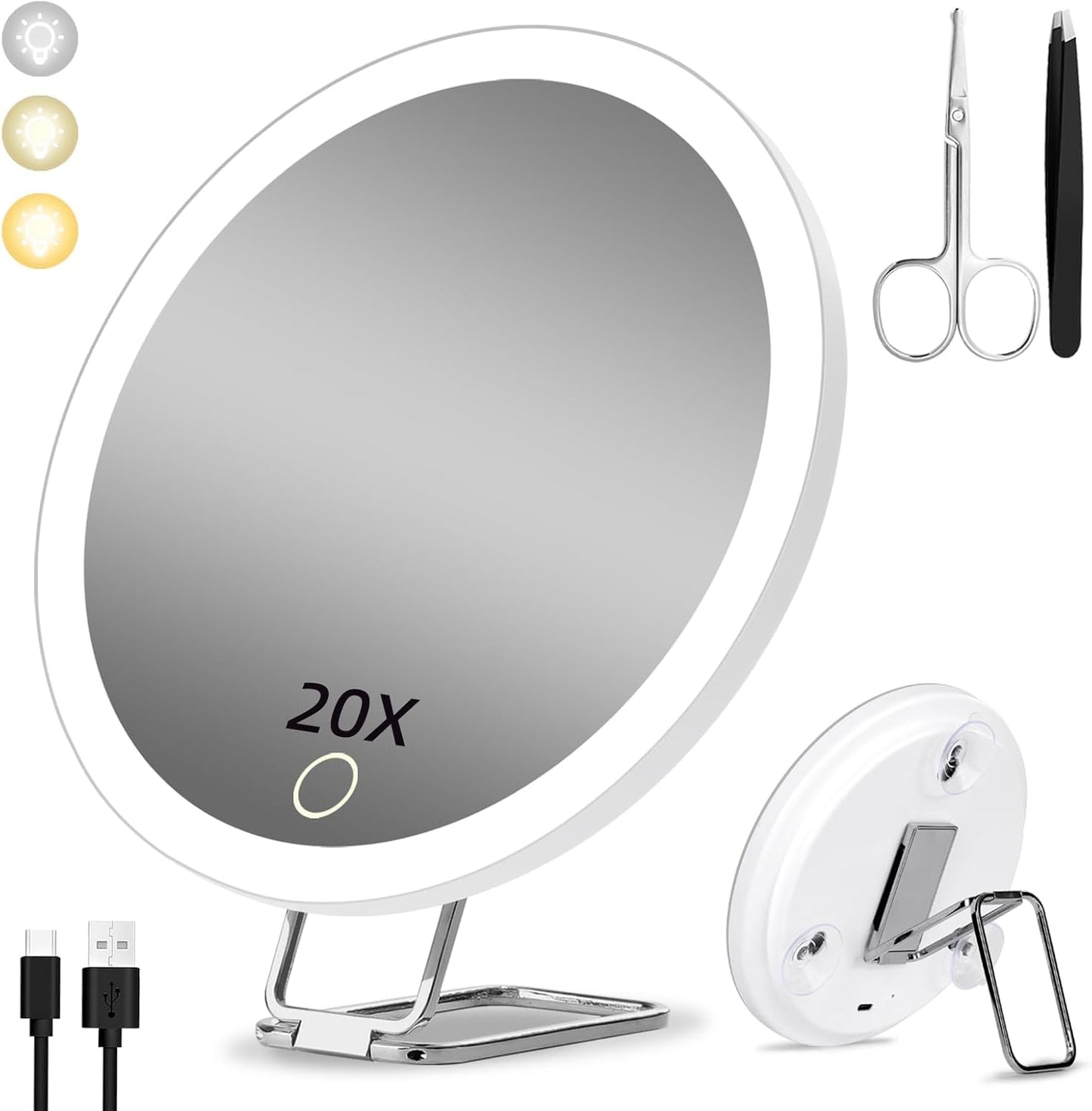 Travel Makeup Mirror - 40X Magnification with Suction Cups & Stand | 3 Color Dimmable LED Lights, Rechargeable 1200mAh