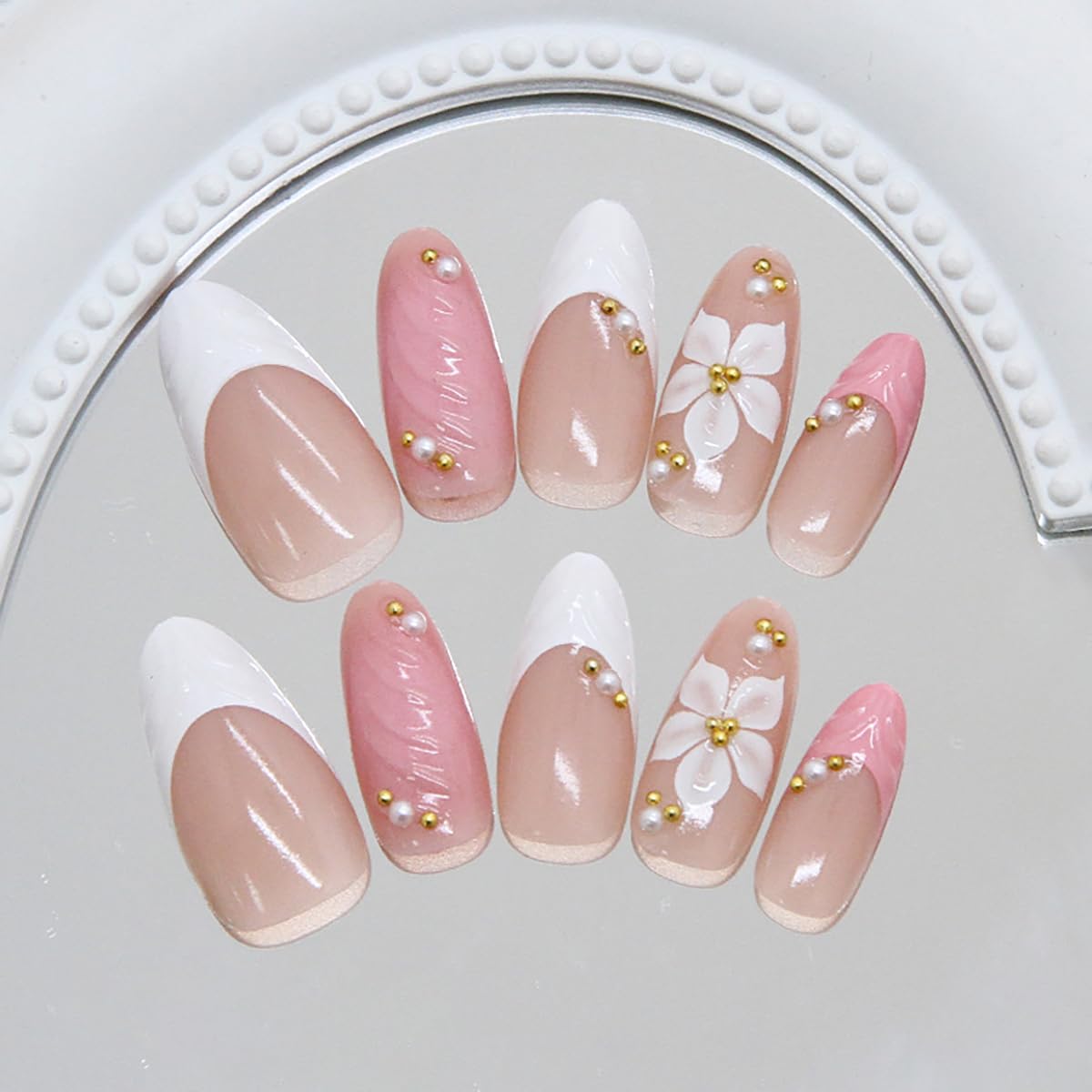 3D Pink Press-On Nails - Almond Medium False Nails with White French Tips & Gold Bead Flower Rhinestones | Cute Acrylic Nail Art for Spring