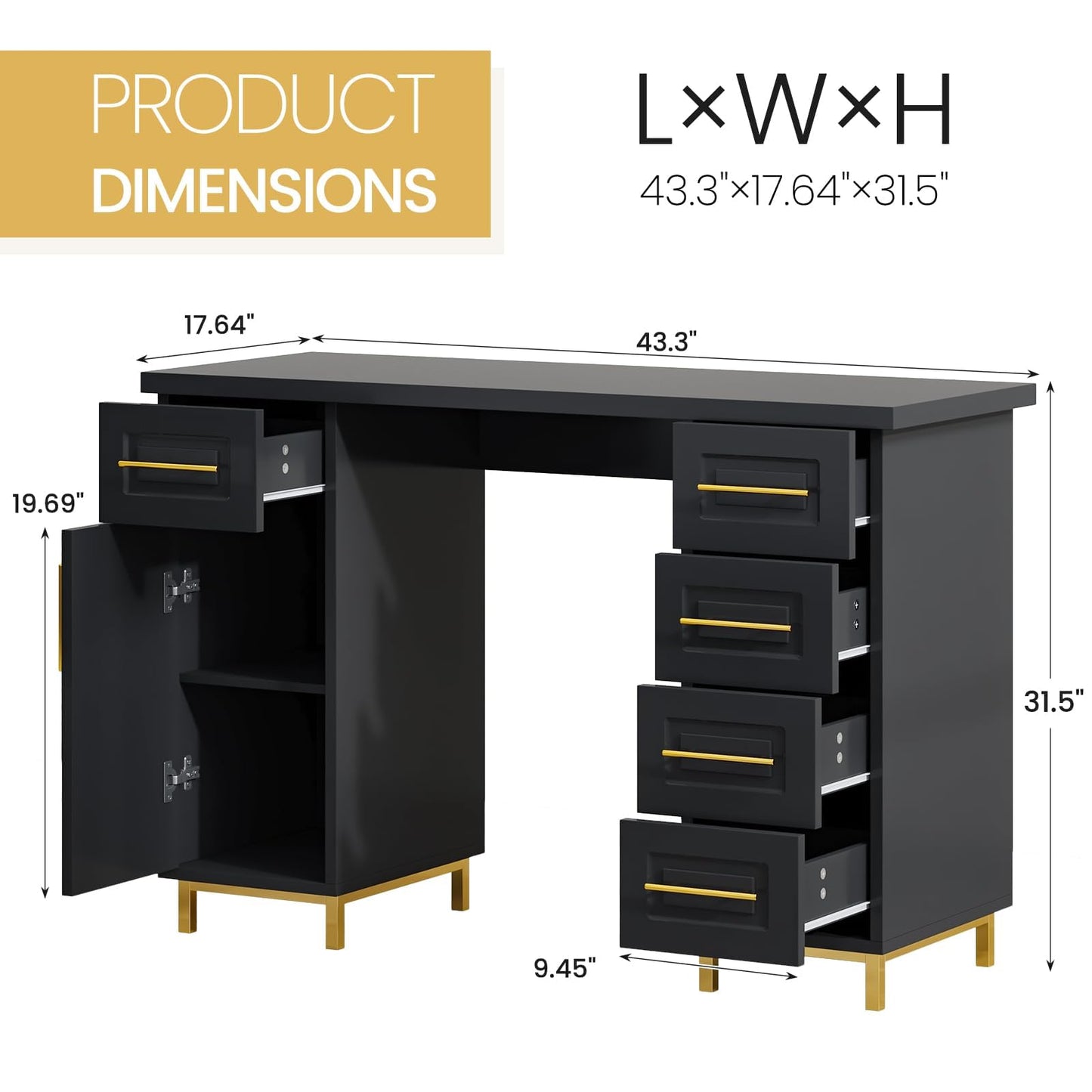 MaverickFurni Black and Gold Nail Tech Desk with Drawers, 43 Inch Manicure Table with Storage for Nail Tech, Nail Makeup Beauty Salon Table with 5 Drawers and Cabinet, Wooden Salon Spa Desk